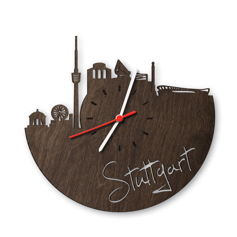 Wanduhr aus Holz Skyline Stuttgart Eiche geräuchert