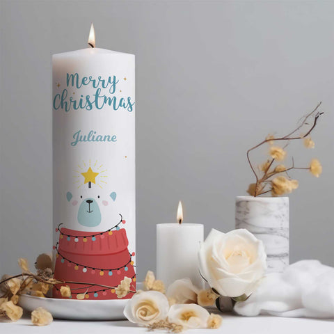 Große Kerze "Eisbär" mit Namen zu Weihnachten