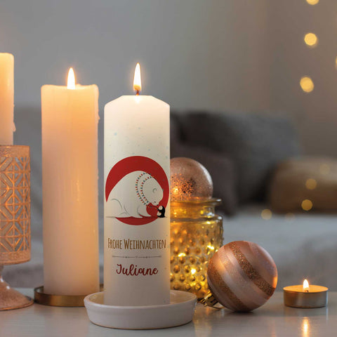 Große Kerze "Eisbär & Pinguin" mit Namen zu Weihnachten