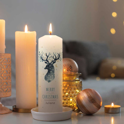Große Kerze "Rentier" bedruckt mit Namen zu Weihnachten