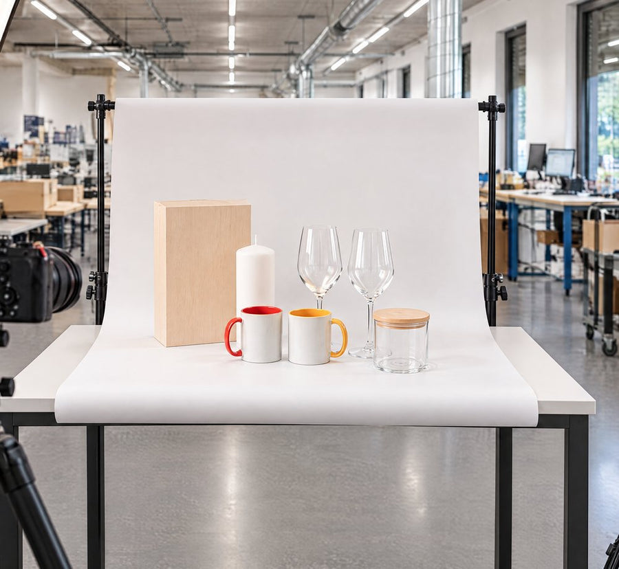 Fotoecke in der Halle: Kamera auf Stativ, Softbox und LED-Leuchte vor einer weißen Hohlkehle mit Gläsern, Tassen, Kerze und Holzkiste. Mit KI erstellt.