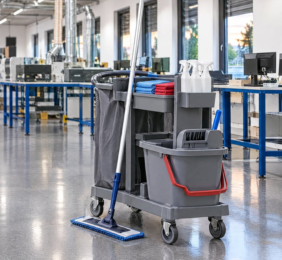 Reinigungswagen mit Wischmopp, Eimer und Tüchern in der aufgeräumten Produktionshalle. Mit KI erstellt.