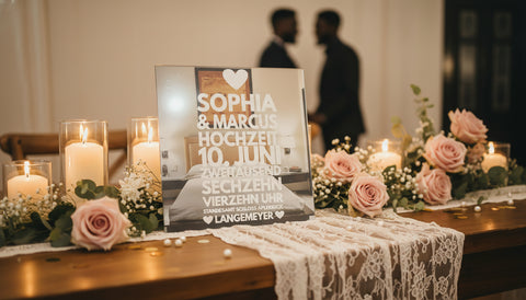 Romantischer Motivspiegel mit Gravur, auf Hochzeitstafel mit Kerzen und Blumen dekoriert.