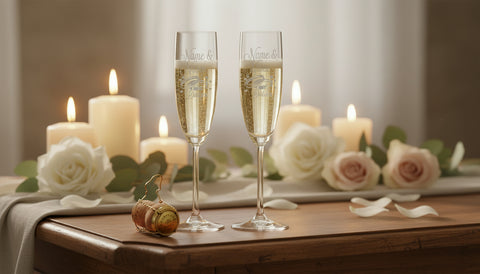 Romantische Szene mit Leonardo Sektgläsern mit Gravur im Wedding Design, umgeben von Kerzen und Blumen.