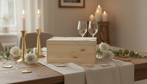 Erinnerungskiste mit UV-Druck zur goldenen Hochzeit auf romantischer Tafel mit Blumen.