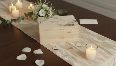 Gravierte Geldbox zur Hochzeit mit romantischem Design, präsentiert auf einer gedeckten Hochzeitstafel.