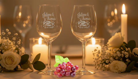 Gravierte Eheringe-Box in eleganter Hochzeits-Szene mit Blumen und Kerzen.