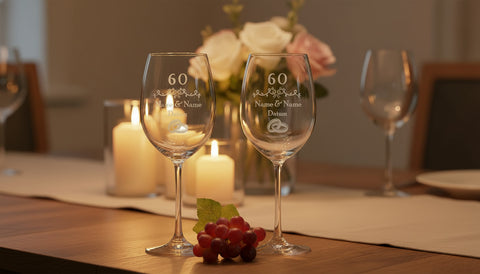 Personalisierte Weingläser für Zinnhochzeit mit Gravur auf romantisch gedecktem Tisch.