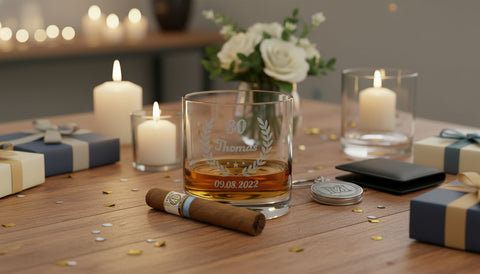 Ein graviertes Whiskyglas mit Geburtstagskranz in emotionaler Feier-Szene.