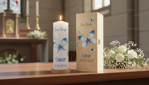 Personalisierte Taufkerze mit Gravur in einer emotionalen Tauf-Szene.