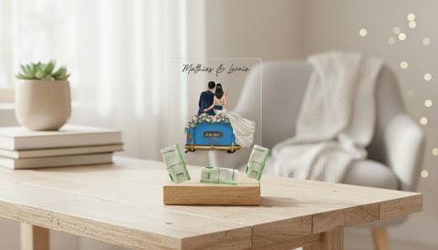 Hochzeitsauto auf Acrylglas - Personalisiertes Geldgeschenk zur Hochzeit - Lifestyle-Szene