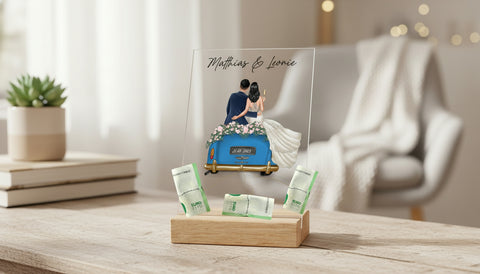 Hochzeitsauto auf Acrylglas - Personalisiertes Geldgeschenk zur Hochzeit - Lifestyle-Szene