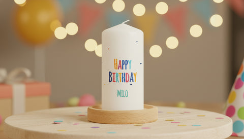Kleine Kerze "Happy Birthday" mit Namen und Alter zum Geburtstag - Lifestyle-Szene
