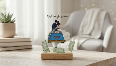 Hochzeitsauto auf Acrylglas - Personalisiertes Geldgeschenk zur Hochzeit - Lifestyle-Szene