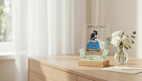 Hochzeitsauto auf Acrylglas - Personalisiertes Geldgeschenk zur Hochzeit - Lifestyle-Szene