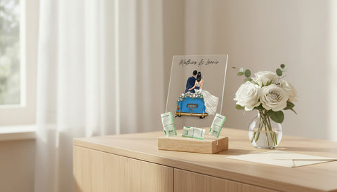 Hochzeitsauto auf Acrylglas - Personalisiertes Geldgeschenk zur Hochzeit - Lifestyle-Szene