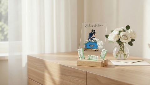 Hochzeitsauto auf Acrylglas - Personalisiertes Geldgeschenk zur Hochzeit - Lifestyle-Szene