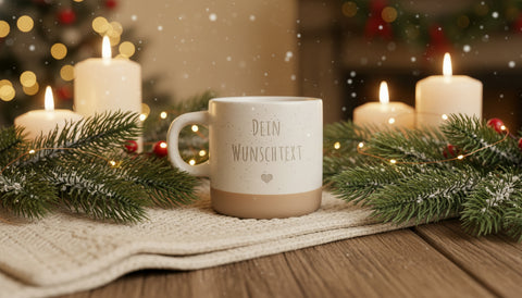 Gravierte Steingut Tasse - Wunschtext - Lifestyle-Szene