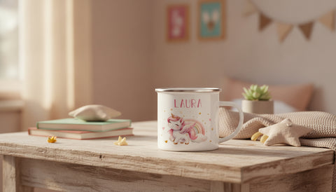 Emaille Tasse für Kinder - Personalisiert mit Namen & 8 liebevollen Motiven - Lifestyle-Szene