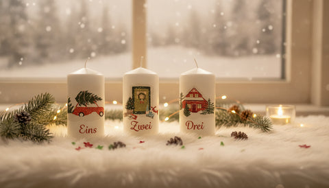 Kleine Kerzen "Advent Weihnachtsmotive" - Adventskerzen im 4er Set - Lifestyle-Szene