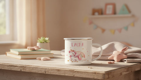 Emaille Tasse für Kinder - Personalisiert mit Namen & 8 liebevollen Motiven - Lifestyle-Szene