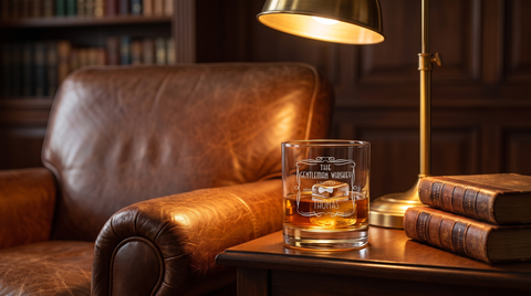 Whiskyglas mit Gravur „The Gentleman Whiskey, Thomas“ auf einem Beistelltisch neben Ledersessel und Büchern