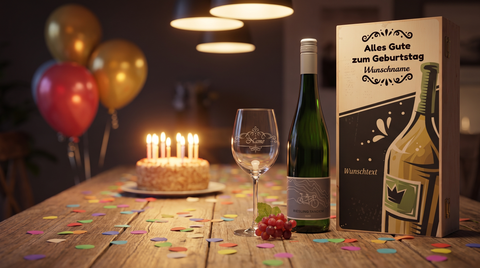 Weinglas mit Gravur „Alles Gute zum Geburtstag“, Weißwein und bedruckte Holzkiste auf einem festlichen Tisch