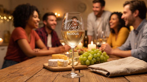 Weinglas mit Gravur „Hokus Pokus Vino Modus“ auf einem Holztisch mit Käse und Trauben, im Hintergrund lachende Freunde