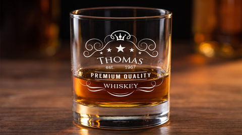 Whiskyglas mit feiner Lasergravur „Thomas, est. 1967, Premium Quality Whiskey“ im Streiflicht