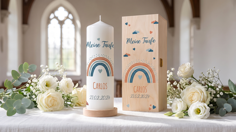 Taufkerze „Meine Taufe“ mit Regenbogen, Namen Carlos und Datum neben passender Holzkiste auf einem Tisch mit weißen Blumen