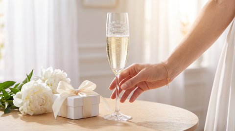 Sektglas mit Gravur „Willst Du meine Trauzeugin sein?“ neben einer kleinen weißen Geschenkbox und Pfingstrosen