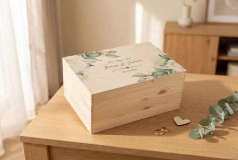 Bedruckte Erinnerungskiste aus Holz zur Hochzeit mit Namen, Datum und Blumenmotiv auf einem Holztisch