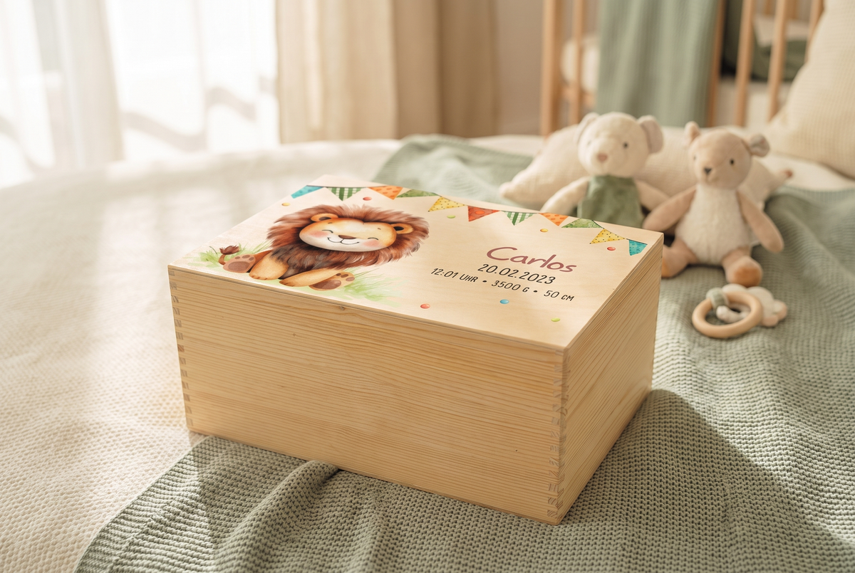 Bedruckte Erinnerungskiste aus Holz für Kinder mit Löwenmotiv, Namen und Geburtsdaten im Kinderzimmer