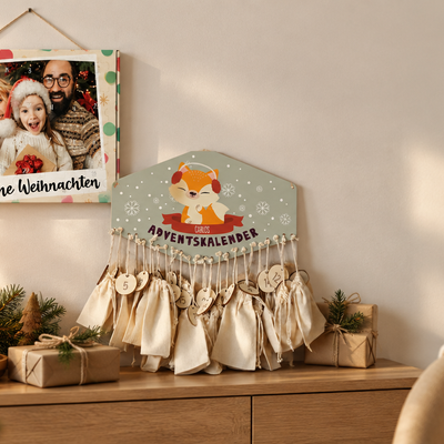 Personalisierter Adventskalender aus Pappe mit Foto und Adventskalender aus Holz mit Namen, im weihnachtlich dekorierten Wohnzimmer