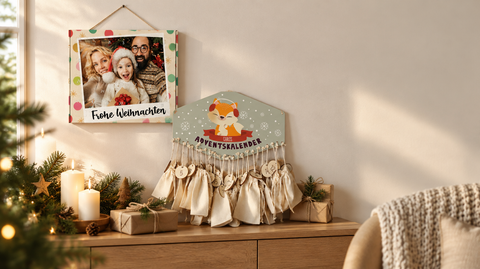 Personalisierter Adventskalender aus Pappe mit Foto und Adventskalender aus Holz mit Namen, im weihnachtlich dekorierten Wohnzimmer