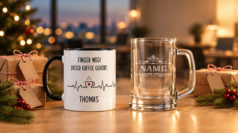 Personalisierte Wichtelgeschenke: Tasse mit dem Aufdruck Finger weg, dieser Kaffee gehört Thomas und Bierkrug mit Namensgravur zwischen eingepackten Päckchen