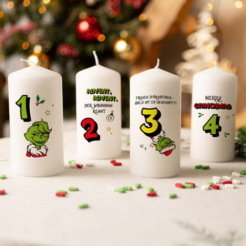 Kleine Kerzen "Advent Grinch" - Adventskerzen im 4er Set