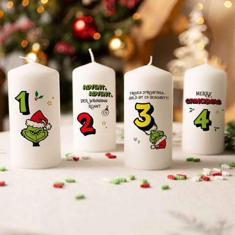 Kleine Kerzen "Advent Grinch" - Adventskerzen im 4er Set