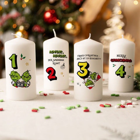 Kleine Kerzen "Advent Grinch" - Adventskerzen im 4er Set