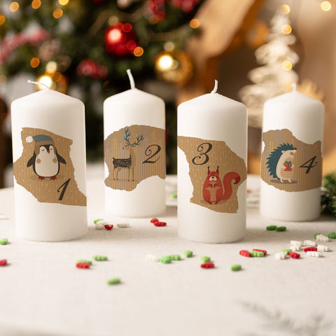 Kleine Kerzen "Advent Tiere Vintage" - Adventskerzen im 4er Set