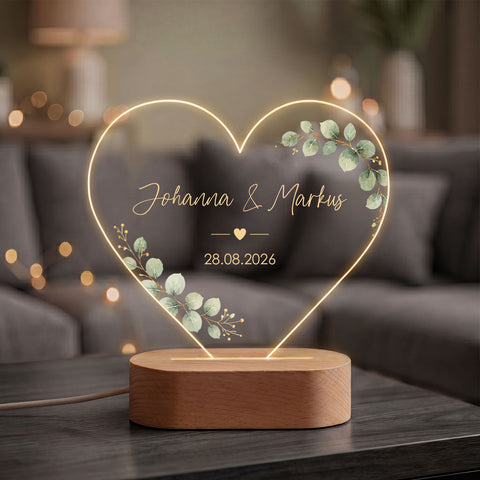 GRAVURZEILE Beleuchtetes Acrylglas - Eukalyptuskreis & Herzmotiv - Personalisiert mit Namen & Datum - Geschenk zur Hochzeit, Jahrestag & Valentinstag - 17 cm, 14,5 cm