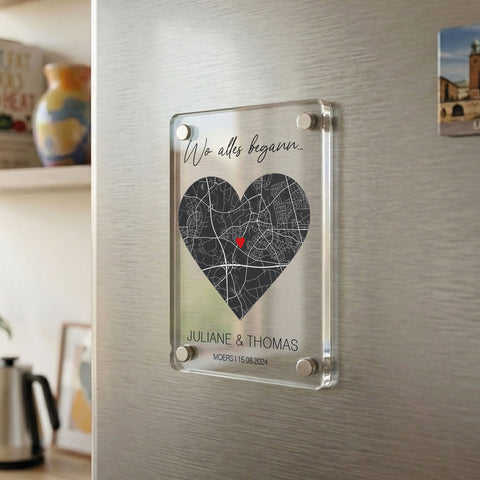 Personalisierter Magnet "Wo alles begann" aus Acrylglas - Acryl Kühlschrankmagnet mit Karte & Namen