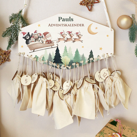 Personalisierter Adventskalender aus Holz mit Druckmotiv & Namen - Schlitten