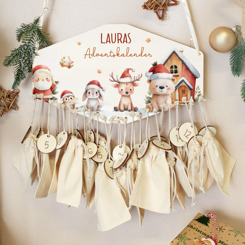 Personalisierter Adventskalender aus Holz mit Druckmotiv & Namen - Schneetiere