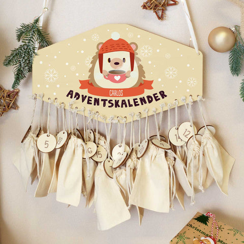 Personalisierter Adventskalender aus Holz mit Druckmotiv & Namen - Wintertiere