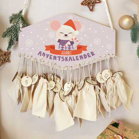 Personalisierter Adventskalender aus Holz mit Druckmotiv & Namen - Wintertiere