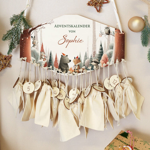 Personalisierter Adventskalender aus Holz mit Druckmotiv & Namen - Winterwald
