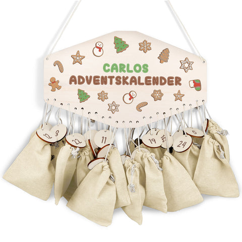Personalisierter Adventskalender aus Holz mit Druckmotiv & Namen - Lebkuchen