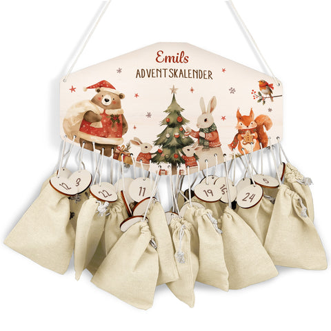 Personalisierter Adventskalender aus Holz mit Druckmotiv & Namen - Pullovertiere