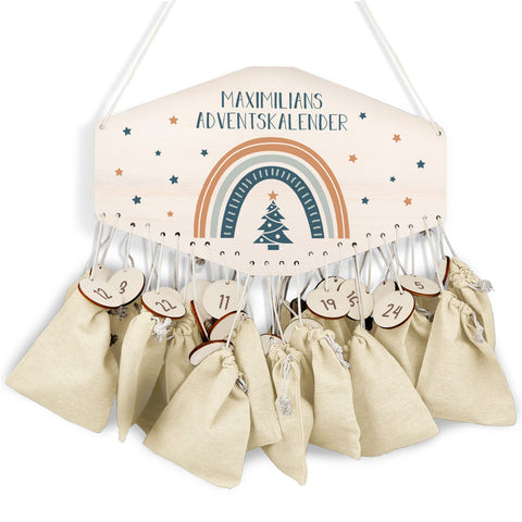 Personalisierter Adventskalender aus Holz mit Druckmotiv & Namen - Regenbogen